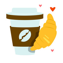 Take Away Coffee With French Croissant Classical Breakfast Flat Vector Illustration