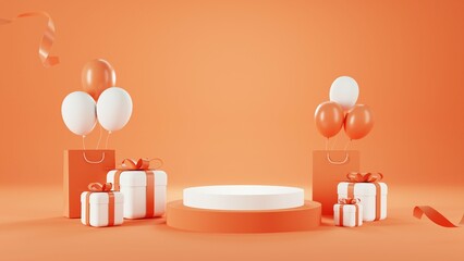 Wall Mural - 3d rendering of promotion sale with orange podium gifts, shopping bag and balloon on minimal orange background.