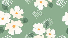 Abstract Floral In Seamless Pattern Background. White Flowers, Flower Petals, Blooms, Leaves On Green Wallpaper. Blossom Fabric Pattern With Watercolor Texture For Banner, Prints, Packaging.