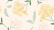 Abstract Floral In Seamless Pattern Background. Yellow Flowers, Wildflowers, Blooms, Leaves On Yellow Wallpaper. Blossom Fabric Pattern With Watercolor Texture For Banner, Prints, Packaging.