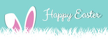 Happy Easter Concept Banner - Vector Illustration With Eggs, Grass And Bunny Ears - Isolated On Blue Background