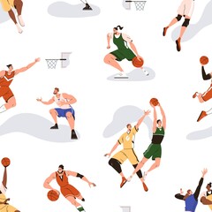 Poster - Basketball players pattern with athletes playing basket ball game. Seamless background with sport people print. Repeating texture with men, women dribbling, throwing. Colored flat vector illustration