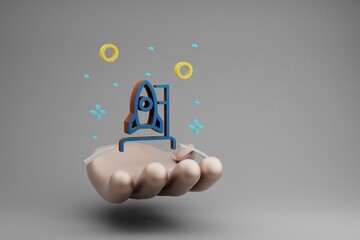 Aufkleber - Beautiful abstract illustrations Golden Hand Holding Rocket and start symbol icon on a gray background. 3d rendering illustration. Space exploration.