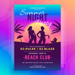 Night club discotheque summer beach party poster template neon design realistic vector illustration. Tropical holiday social event announcement woman shadow silhouette at exotic sunset sunrise