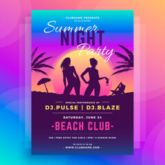 night club discotheque summer beach party poster template neon design realistic vector illustration.