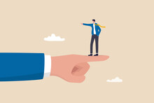 Employee Conflict Direction, Argument Between Coworker, Different Thought, Disagreement Or Opposite Way, Decision Issue Concept, Tiny Businessman Standing On Giant Hand Pointing In Opposite Direction.