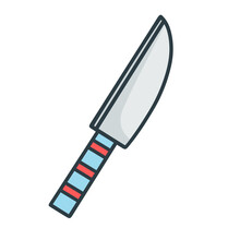 Knife With Big Steel Blade Doodle Style Isolated Vector Illustration. Dagger Hand Drawn Colored Icon. Melee Weapons, Camping Equipment Or Hunting Equipment