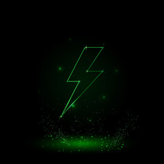 Poster - A large green outline lightning symbol on the center. Green Neon style. Neon color with shiny stars. Vector illustration on black background