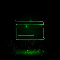 Poster - A large green outline credit card symbol on the center. Green Neon style. Neon color with shiny stars. Vector illustration on black background