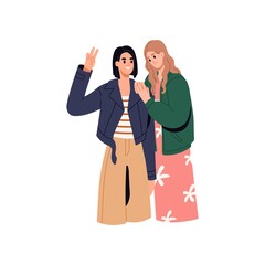 Wall Mural - Happy women friends standing together. Young modern positive girls couple. Smiling female leaning with hands against girlfriends shoulder. Flat vector illustration isolated on white background
