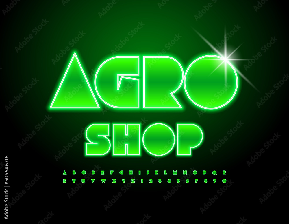 Vector glowing logo Agro Shop. Green illuminated Font. Creative ...