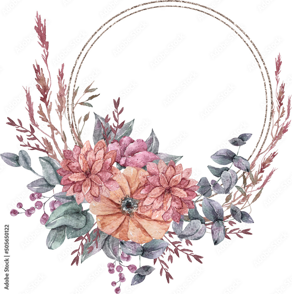 Watercolor eucalyptus wreath frame clipart, winter cotton flower ...