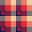Christmas plaid pattern in navy blue, red, beige with nordic pixel snowflakes motif. Seamless herringbone textured color block tartan for flannel shirt, scarf, blanket, other winter holiday print.