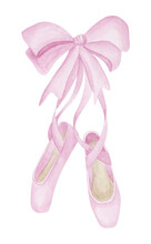 Pink Ballet Shoes Watercolor Illustration. Ballet Dance Pointes Drawing. Girl Art. Pink Bow.