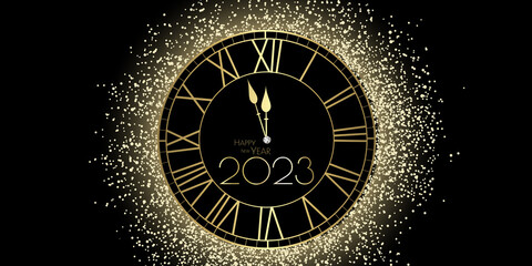 Canvas Print - happy new year 2023 golden clockwork and glitter - Midnight party design for celebration