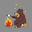 Bear is roasting marshmallows on a campfire. Vector cartoon  illustration.