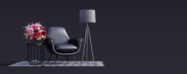 Wall Mural - Creative interior design in black studio with modern leather armchair 3d render 3d illustration