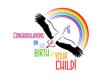 The Stork Is Carrying A Child. Congratulations On The Birth Of Your Child . Greeting Card Vector Illustration