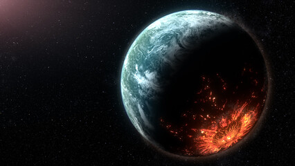 Aufkleber - The Hammer of God. Futuristic concept of deep space exploration in another galaxy, discovering a new alien planet being hit by a large meteorite with rocks debris floating around the planet