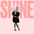 Contemporary art collage. Woman in retro dress and disco ball head dancing isolated over pink background