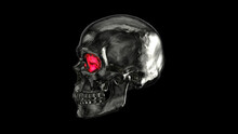 Metallic Human Skull With Red Eyes 3d Render