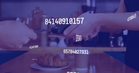 Poster - Animation of data processing over diverse people paying with credit card