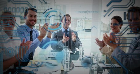 Poster - Animation of integrated circuit over diverse businesspeople clapping hands in office