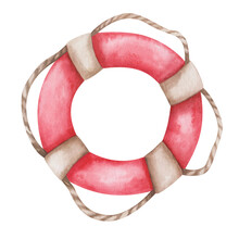 Watercolor Illustration Of Hand Painted Red Life Buoy With Beige Ropes. Safety At Sea And Ocean, On The Beach, On Ships And Vessels. Marine Clip Art Element For Fabric Textile, Summer Cards