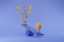 Lightbulb And Golden Coins Flowing On Seesaw For Symbol Of Creative Thinking Idea And Problem Solving Can Make More Money Concept By 3d Render Illustration.