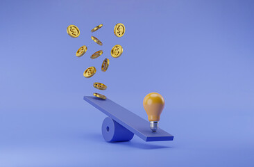 Fototapete - Lightbulb and golden coins flowing on seesaw for symbol of creative thinking idea and problem solving can make more money concept by 3d render illustration.