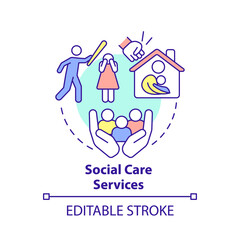 Social care services concept icon. Vulnerable groups support. Social protection abstract idea thin line illustration. Isolated outline drawing. Editable stroke. Arial, Myriad Pro-Bold fonts used