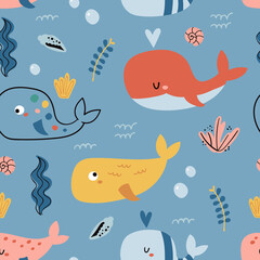 Wall Mural - Seamless pattern with cute whales.