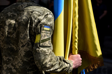 Sticker - Armed Forces of Ukraine. Ukrainian soldier. Ukrainian army. Ukrainian flag on military uniform.