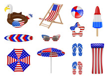 4th Of July Beach Party Elements. Set Of Isolated Summer Elements With Usa Flag Colors. American Independence Elements.