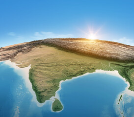 Canvas Print - physical map of planet earth, focused on india, south asia. satellite view, sun shining on the horiz