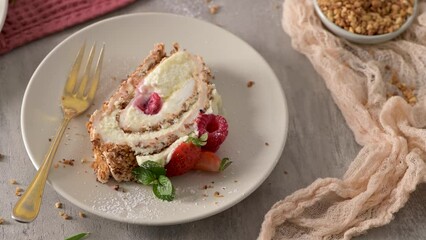 Poster - Meringue roll cake with cream, raspberries. Roulade, summer dessert served in ceramic plate.