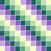 Abstract Texture, Color Combination, Pixel Effect. Squares In Bright Green Yellow Violet Purple Colors, Variety Of Pastel Shades And Nuances, Fresh Flower Gamma. Suitable For Backgrounds And Printing.