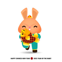 Happy Chinese new year 2023 greeting card, Cute Little rabbit holding gold fish, year of the rabbit zodiac, gong xi fa cai, Cartoon isolated background vector illustration Translation rabbit