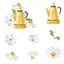 Illustration Of A Yellow Teapot With And Chamomile Flowers