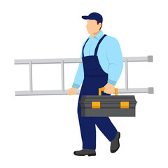 A worker carries a stepladder. A man in overalls is walking with a toolbox. Vector illustration in flat style on white background.