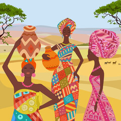 Wall Mural - fashion african women  in colorful outfit standing, holding jugs