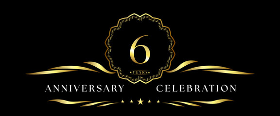 6 years anniversary celebration with gold decorative frame isolated on black background. 6 years Anniversary logo. Vector design for greeting card, birthday party, wedding, event party, ceremony.