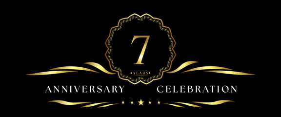 7 years anniversary celebration with gold decorative frame isolated on black background. 7 years Anniversary logo. Vector design for greeting card, birthday party, wedding, event party, ceremony.