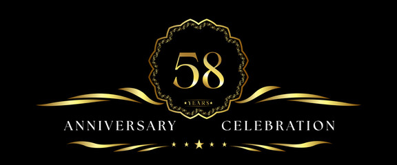 58 years anniversary celebration with gold decorative frame isolated on black background. 58 years Anniversary logo. Vector design for greeting card, birthday party, wedding, event party, ceremony.