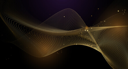 vector abstract art with gold, wave line pattern, light shiny, texture on dark, black color backgrou