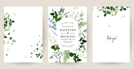 Wall Mural - Classic white orchid flowers, eucalyptus, fern, salal, herbs, emerald greenery cards