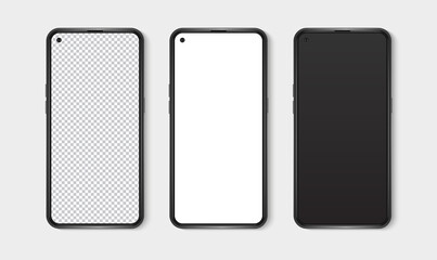 Realistic smartphone mockup set. Mobile phone blank, white, transparent screen design mock up. Isolated vector illustration