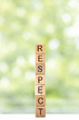Respect - word is written on wooden cubes on a green summer background. Close-up of wooden elements.