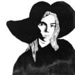 Biało czarna ilustracja portret młoda kobieta w kapeluszu.