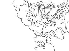 The Monkey Rides On Liana. Wild Animal In Wild Nature. Vector, Page For Printable Children Coloring Book.